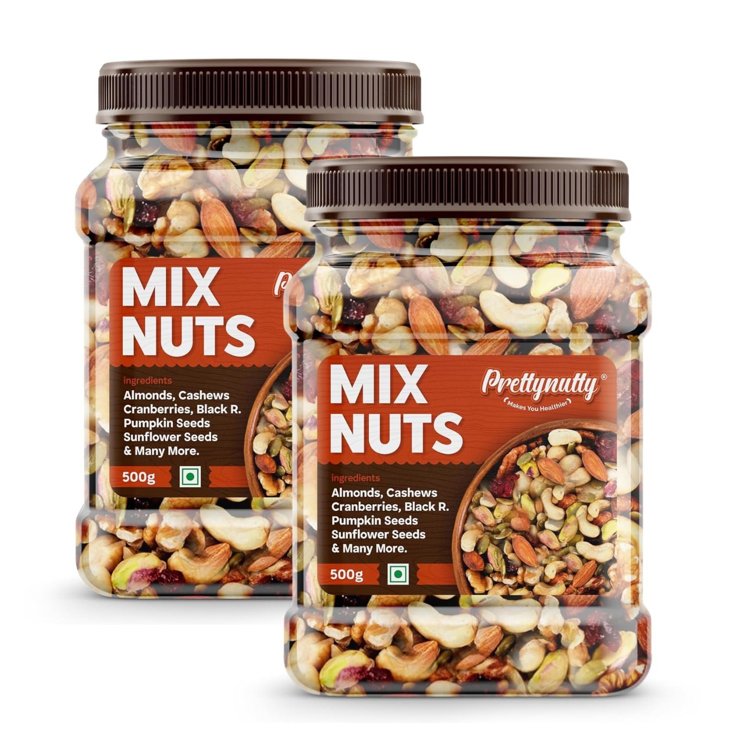 PrettyNutty Healthy Nutmix Dried Almonds, Black Raisins, Cashewnuts, Cranberries, Green Raisins, Walnut Kernels Pack of 2 (500g Each Jar)