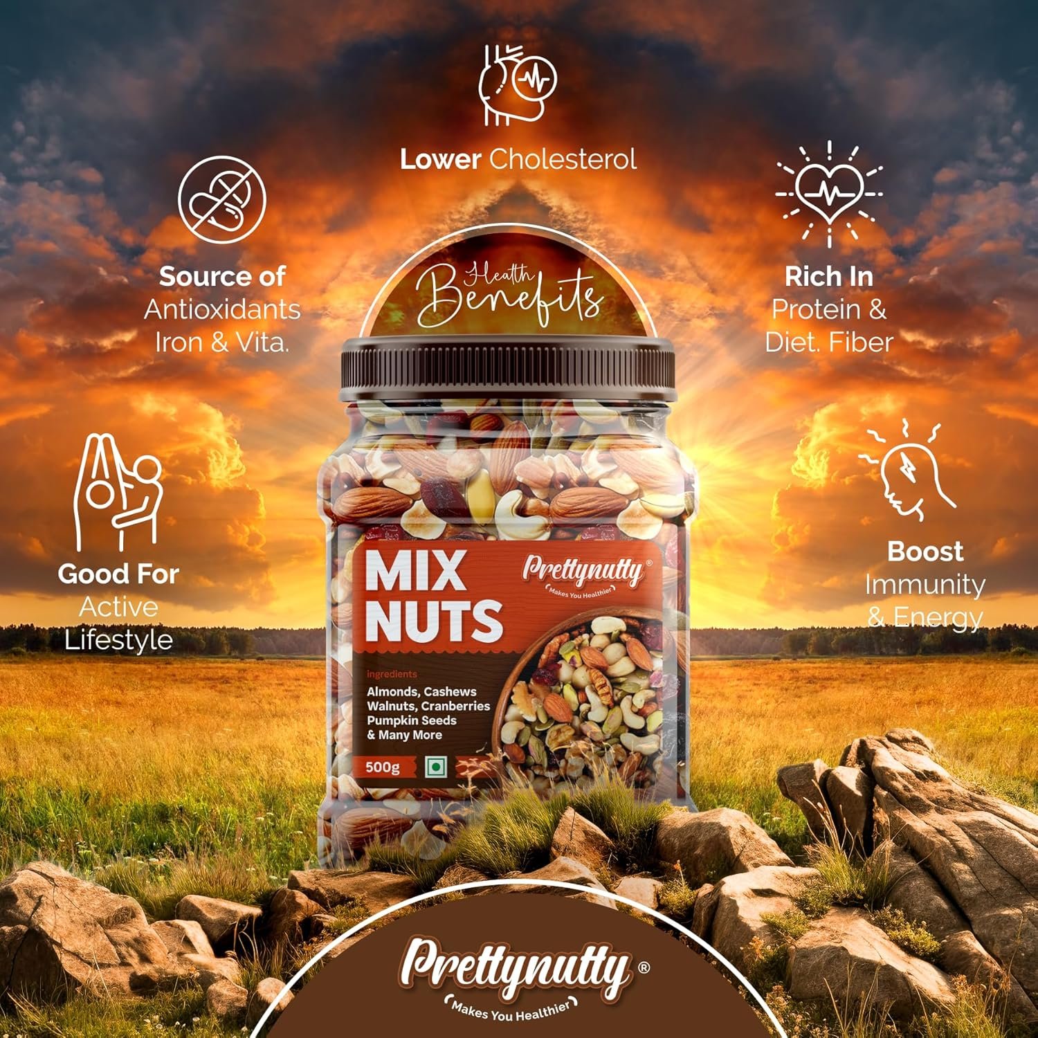 PrettyNutty Healthy Nutmix Dried Almonds, Black Raisins, Cashewnuts, Cranberries, Green Raisins, Walnut Kernels Pack of 2 (500g Each Jar) - Image 5