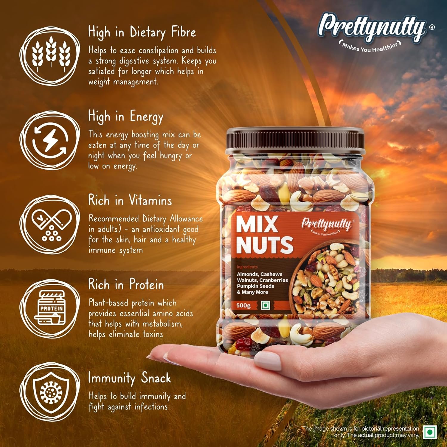 PrettyNutty Healthy Nutmix Dried Almonds, Black Raisins, Cashewnuts, Cranberries, Green Raisins, Walnut Kernels Pack of 2 (500g Each Jar) - Image 3